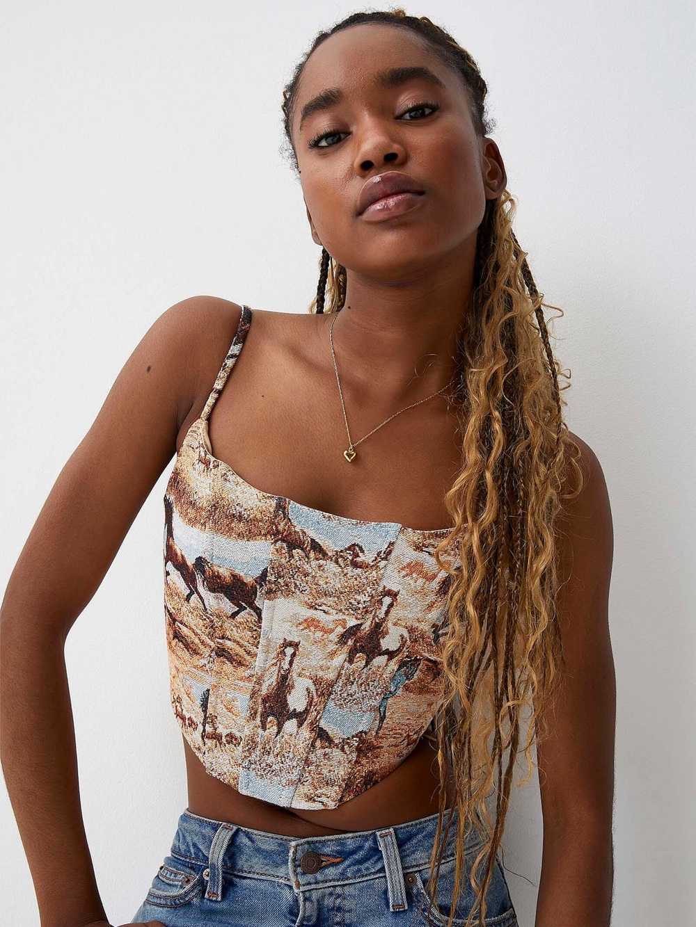 Blue B Cowl Neck Horse-Print Satin Cami Top